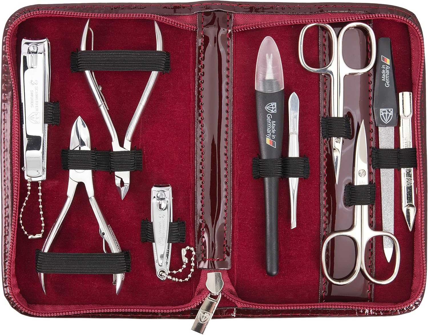 Brand quality 10 piece manicure pedicure grooming kit set for professional finger & toe nail care scissors clipper fashion leather case in gift box, Made by 3 Swords (6226) Burgundy Laquered