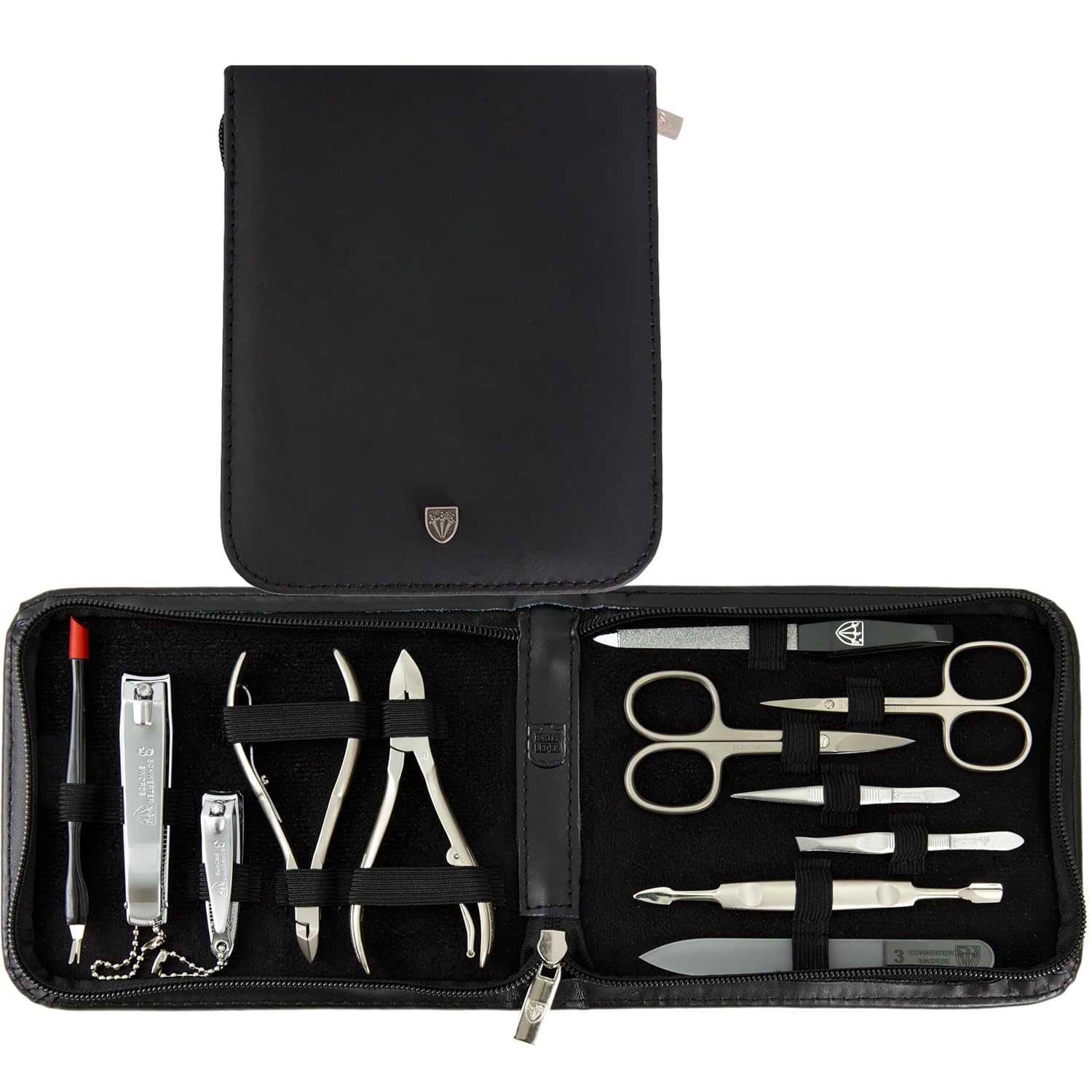 Brand quality 12 piece manicure pedicure grooming kit set for professional finger & toe nail care with black genuine leather case - Made in Germany BLACK - GENUINE LEATHER