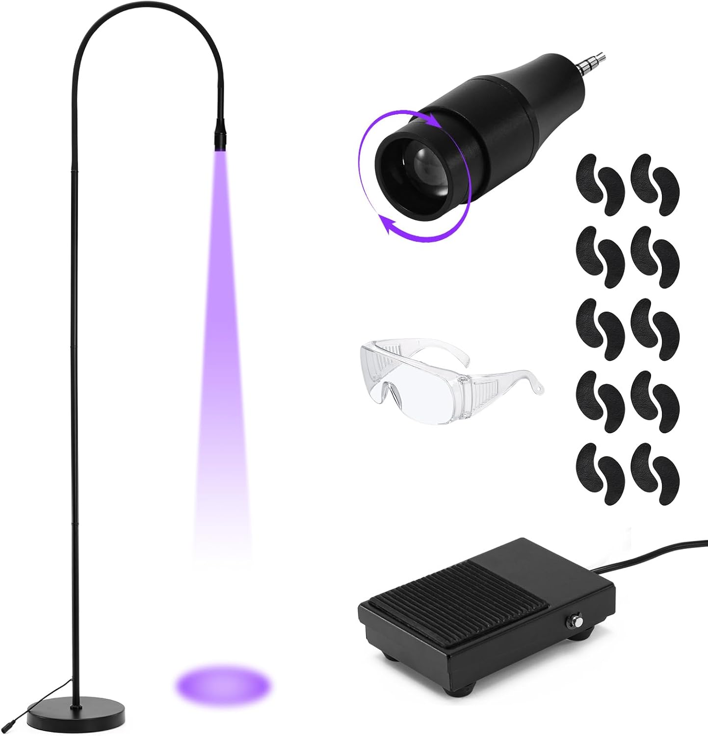 UV Lash Light for Light Curing UV Eyelash Glue, 5W LED Eyelash Extensions Nail Tech Glue Lamp with Foot Pedal Control, Glue Cured in 2-3 Seconds, 10 Eye Patch+Goggles, Adjustable Spot Size
