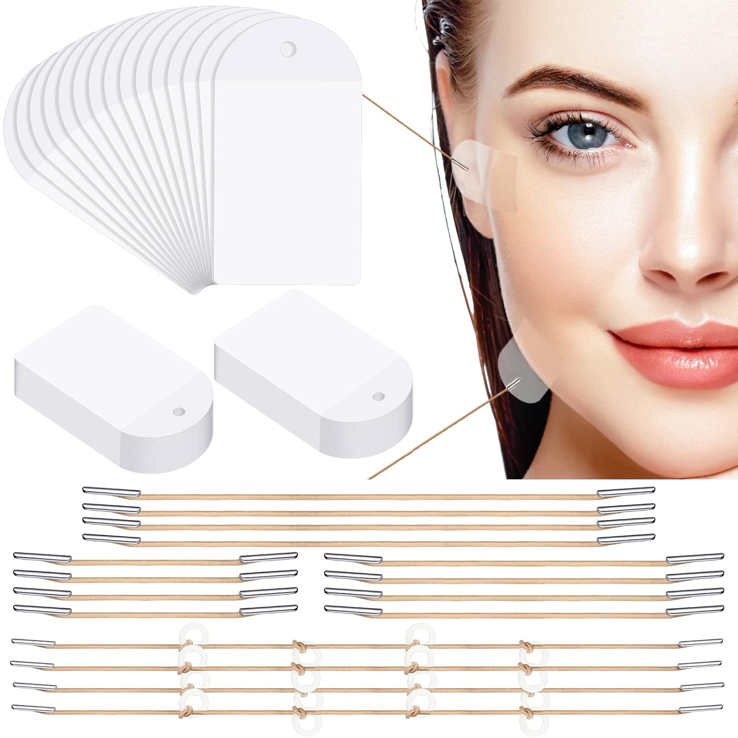 136 Pieces Face Lift Tapes with Lifting Rope Sets 120 Pieces Face Tapes Invisible Patch Instant Facelift Band Adhesive Neck and Eye Patch for Women Ladies Beauty