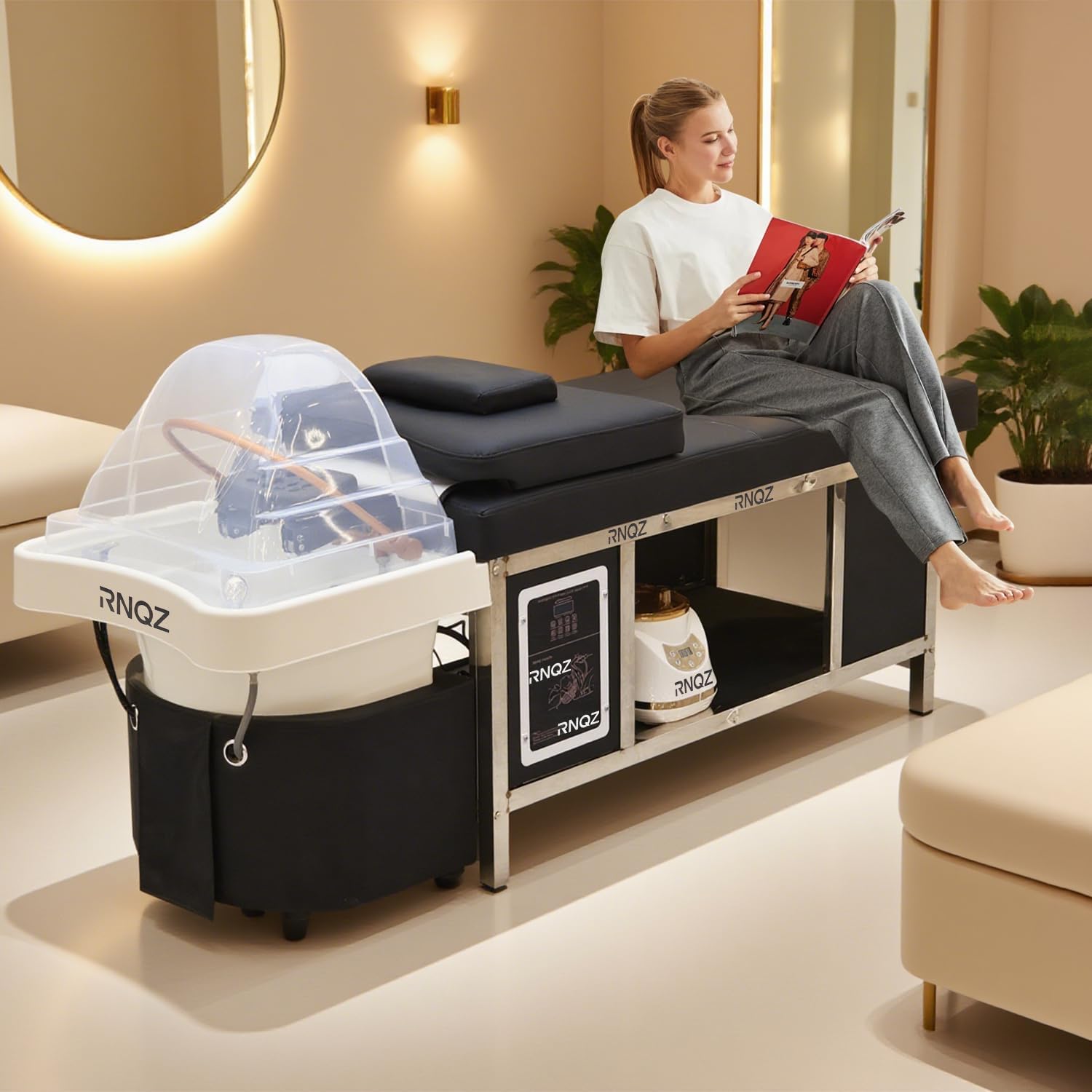 Head Spa Shampoo Bed, Massage Table, Head Spa Equipment with Supports Water Circulation, Fumigation & LED Scalp Care Acrylic Shampoo Bowl for Beauty Salon Barber, Stainless Steel Spa Bed