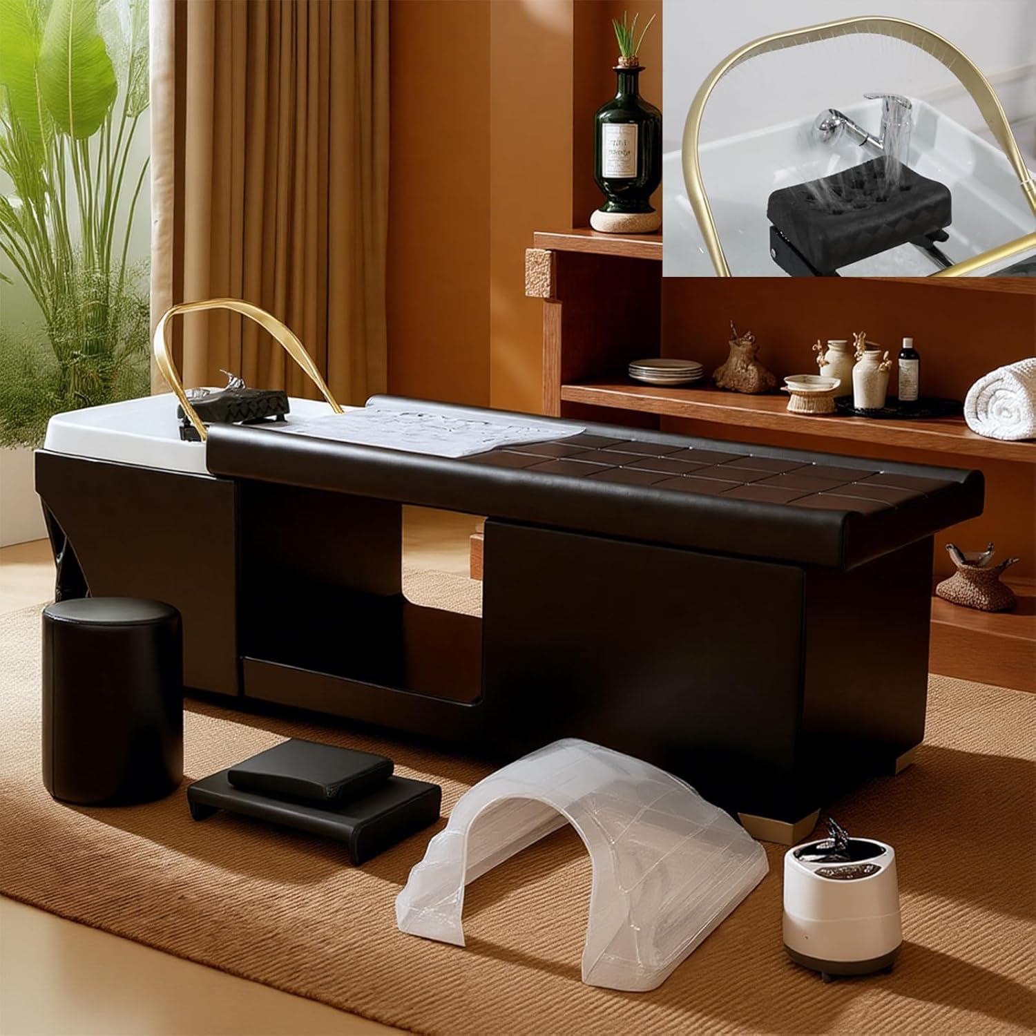 Head Spa Bed Shampoo Bed with Fumigation Head Therapy Massage Table Support Water Circulation Head Spa Equipment for Spa Barber Hair Beauty Salon (Black)