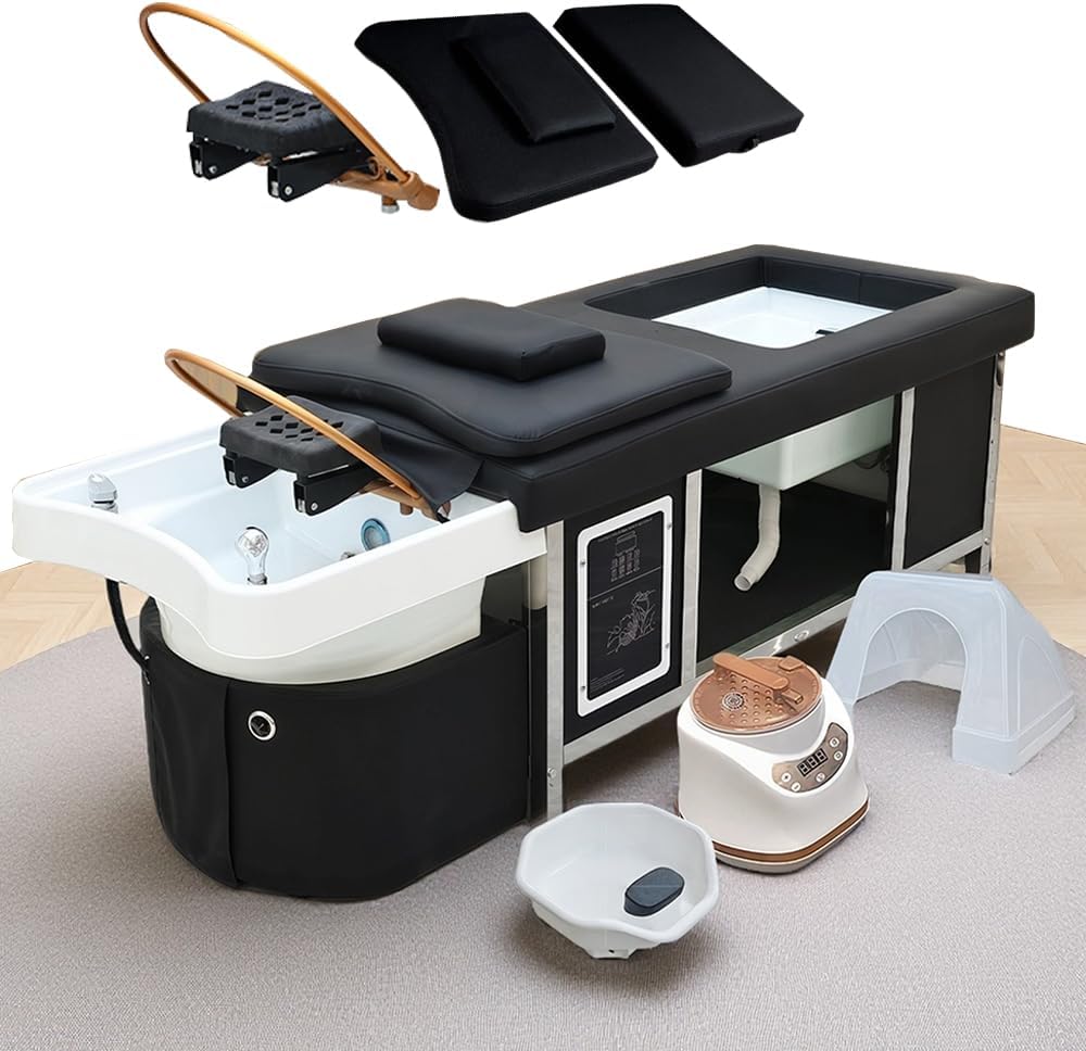 Head Spa Bed, Massage Shampoo Bed with Open Footbath, Headrest, Japanese Headspa Equipment with Water Circulation & Fumigation Therapy, Massage Table for Spa Beauty Salon
