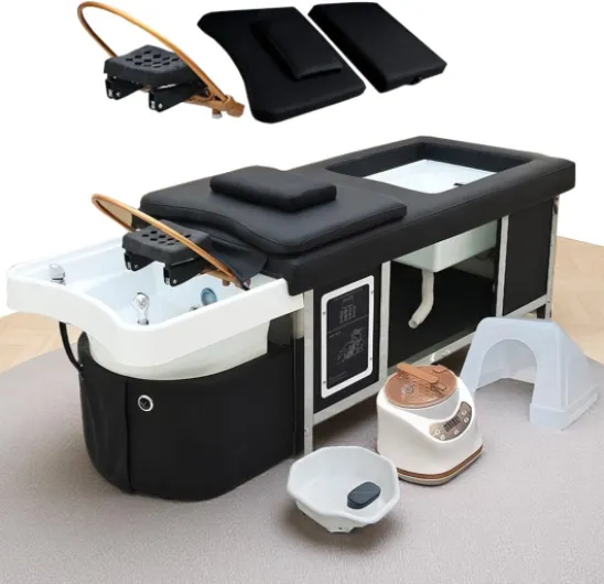Head Spa Bed, Massage Shampoo Bed with Open Footbath, Headrest, Japanese Headspa Equipment with Water Circulation & Fumigation Therapy, Massage Table for Spa Beauty Salon