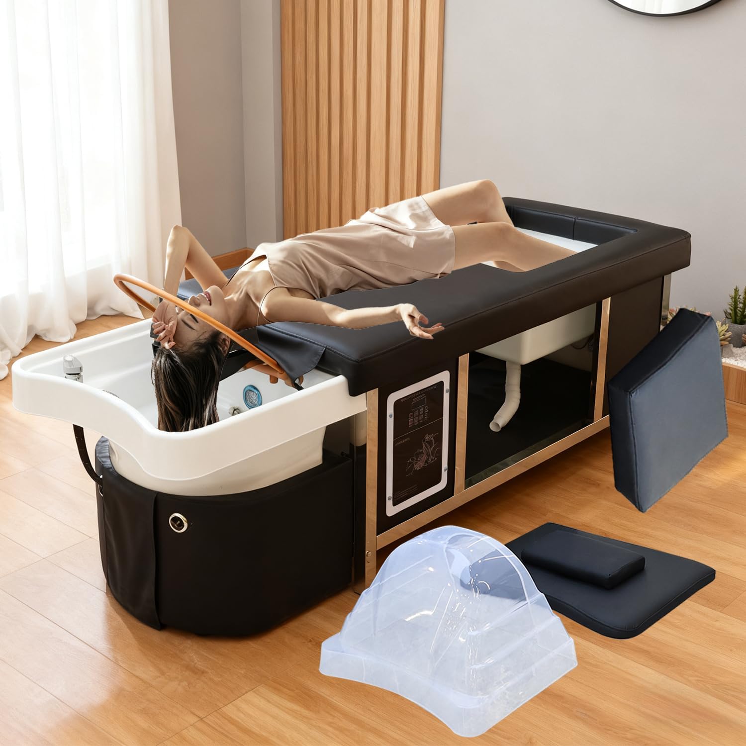 Head Spa Bed, Massage Table with Footbath, Japanese Head/Feet SPA Equipment, Professional Massage Shampoo Bed with Foot Bath Basin, Water Circulation System, for Spa Beauty Salon Barber (B)