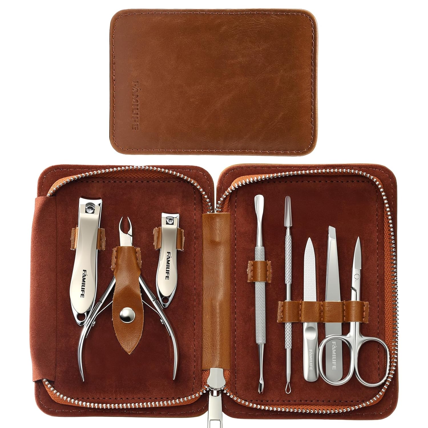 Manicure Set, Nail Clippers Pedicure Tool, 8 pcs Stainless Steel Manicure Kit Professional Grooming Tool, Nail Kit with Portable Brown Leather Travel Case Luxury Gifts for Men Brown-1