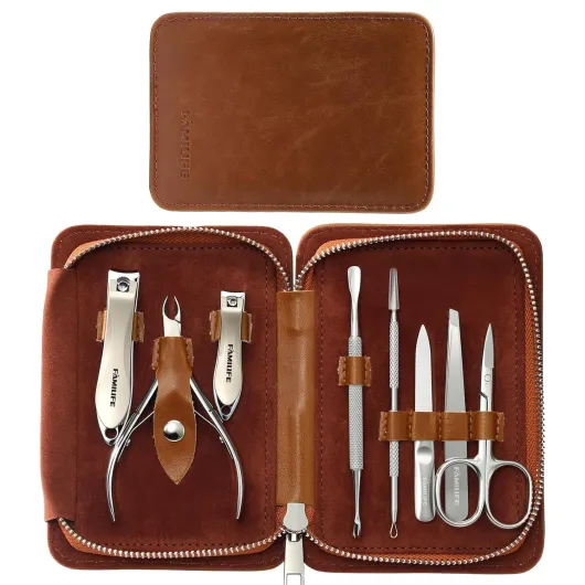 Manicure Set, Nail Clippers Pedicure Tool, 8 pcs Stainless Steel Manicure Kit Professional Grooming Tool, Nail Kit with Portable Brown Leather Travel Case Luxury Gifts for Men Brown-1