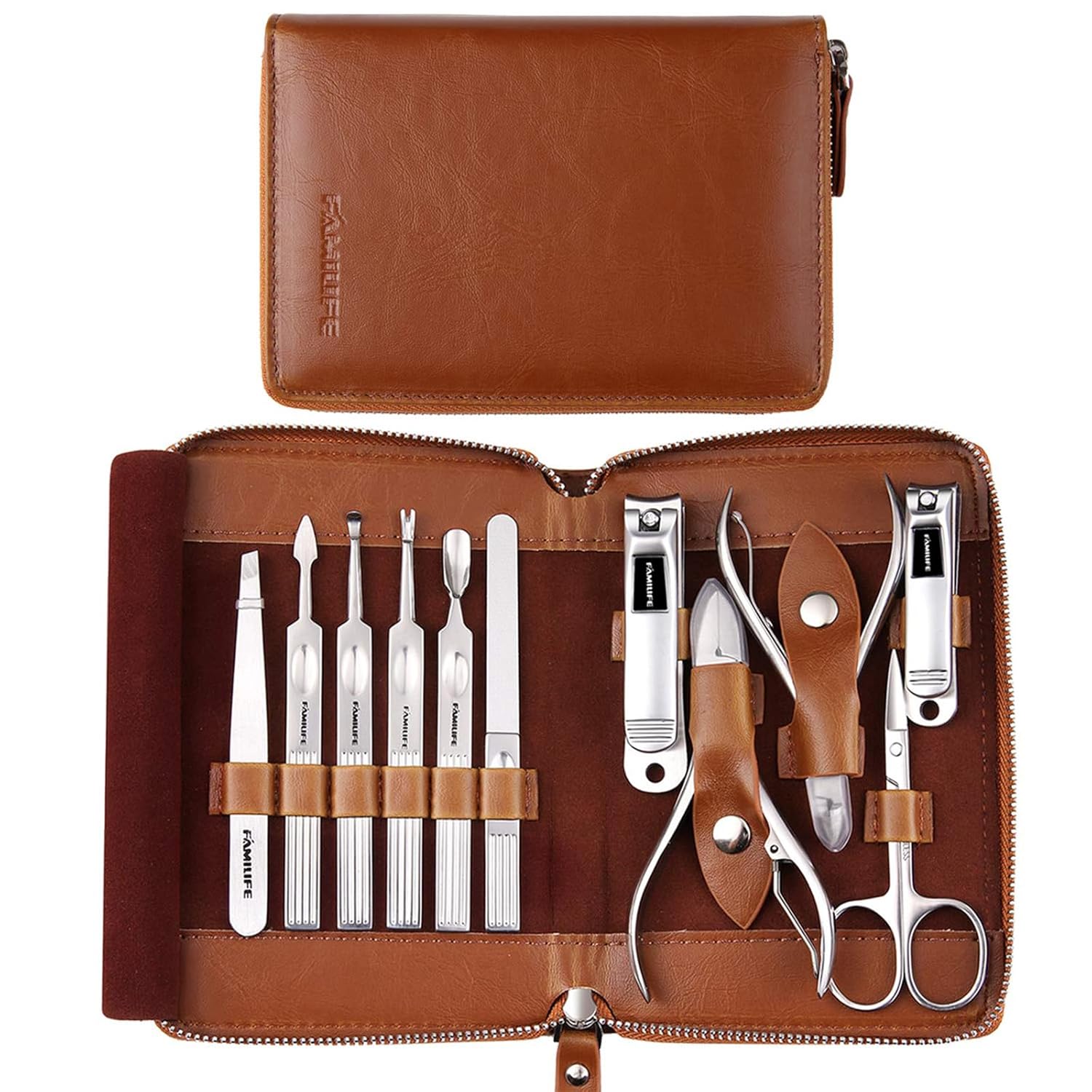 Manicure Set, Professional Manicure Kit Nail Clippers Set 11 in 1 Stainless Steel Pedicure Tools Nail Kit Men Grooming Tool with Portable Brown Leather Travel Case Luxury Gifts for Him
