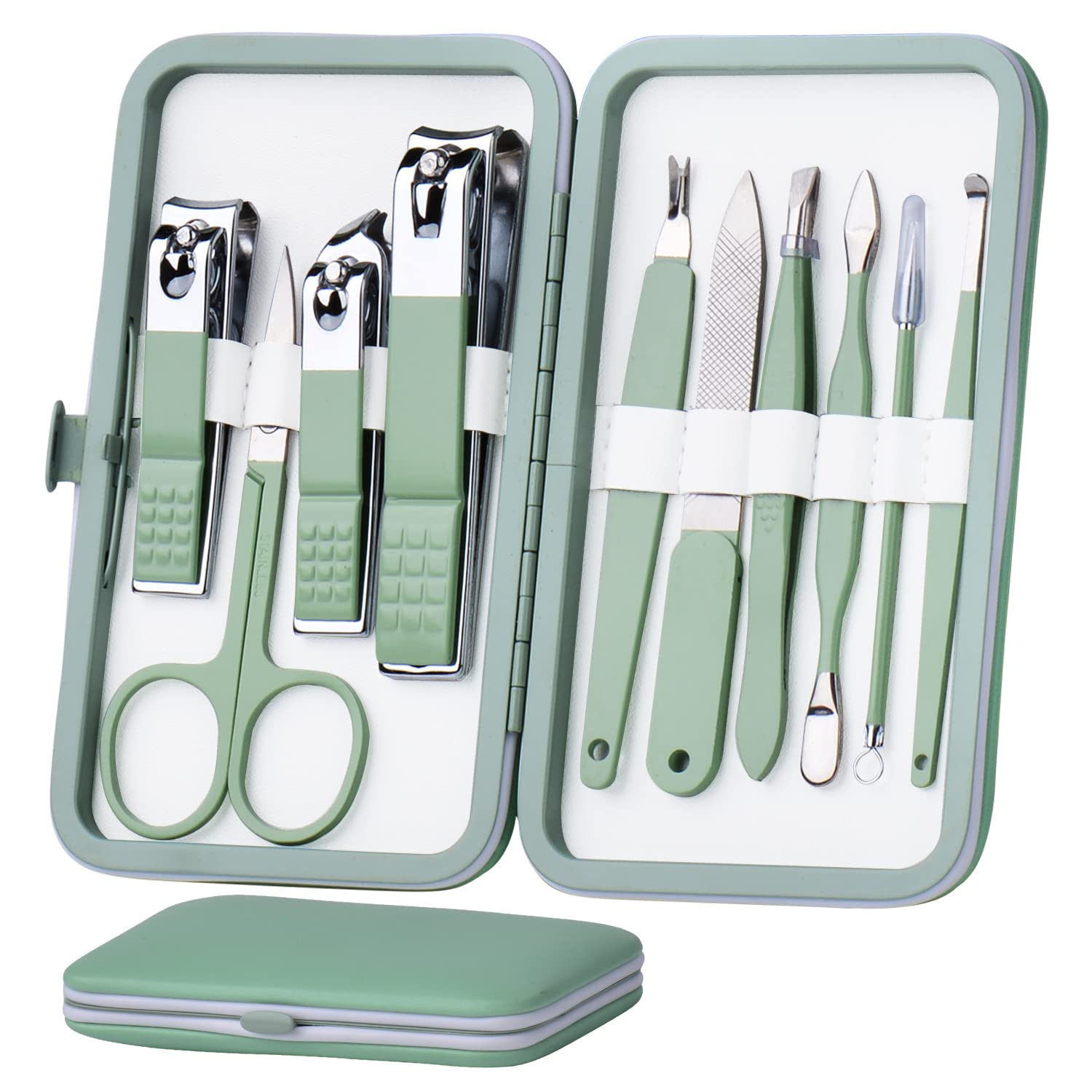 Manicure Set 10 in 1 Stainless Steel, Nail Clippers Scissors Pedicure Tools Kit - Portable Travel Grooming Kit for Men and Women with Leather Case (Jade Green)