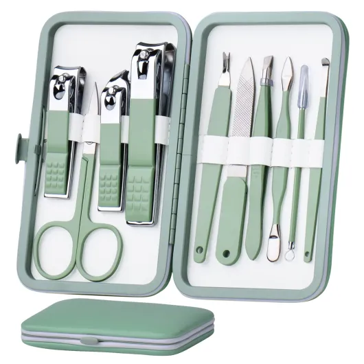Manicure Set 10 in 1 Stainless Steel, Nail Clippers Scissors Pedicure Tools Kit - Portable Travel Grooming Kit for Men and Women with Leather Case (Jade Green)