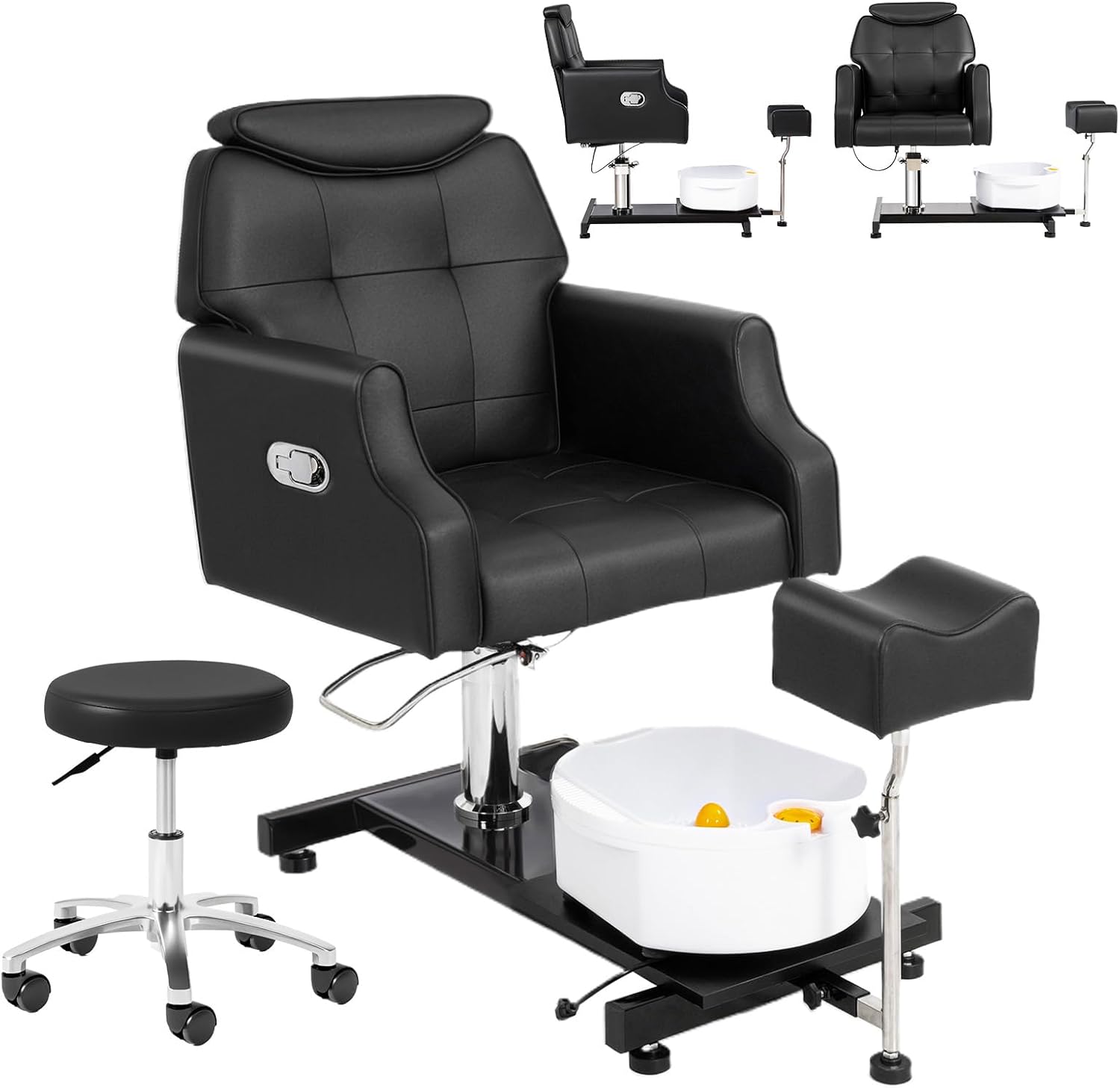 Pedicure Chair w/Stool & Bubble Massage Foot Bath, 360° Rotation Hydraulic Adjustable Seat, Pedi Station for Foot Nail Tech Beauty Spa Salon Home Use (Black)
