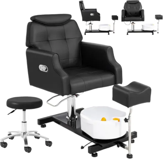 Pedicure Chair w/Stool & Bubble Massage Foot Bath, 360° Rotation Hydraulic Adjustable Seat, Pedi Station for Foot Nail Tech Beauty Spa Salon Home Use (Black)