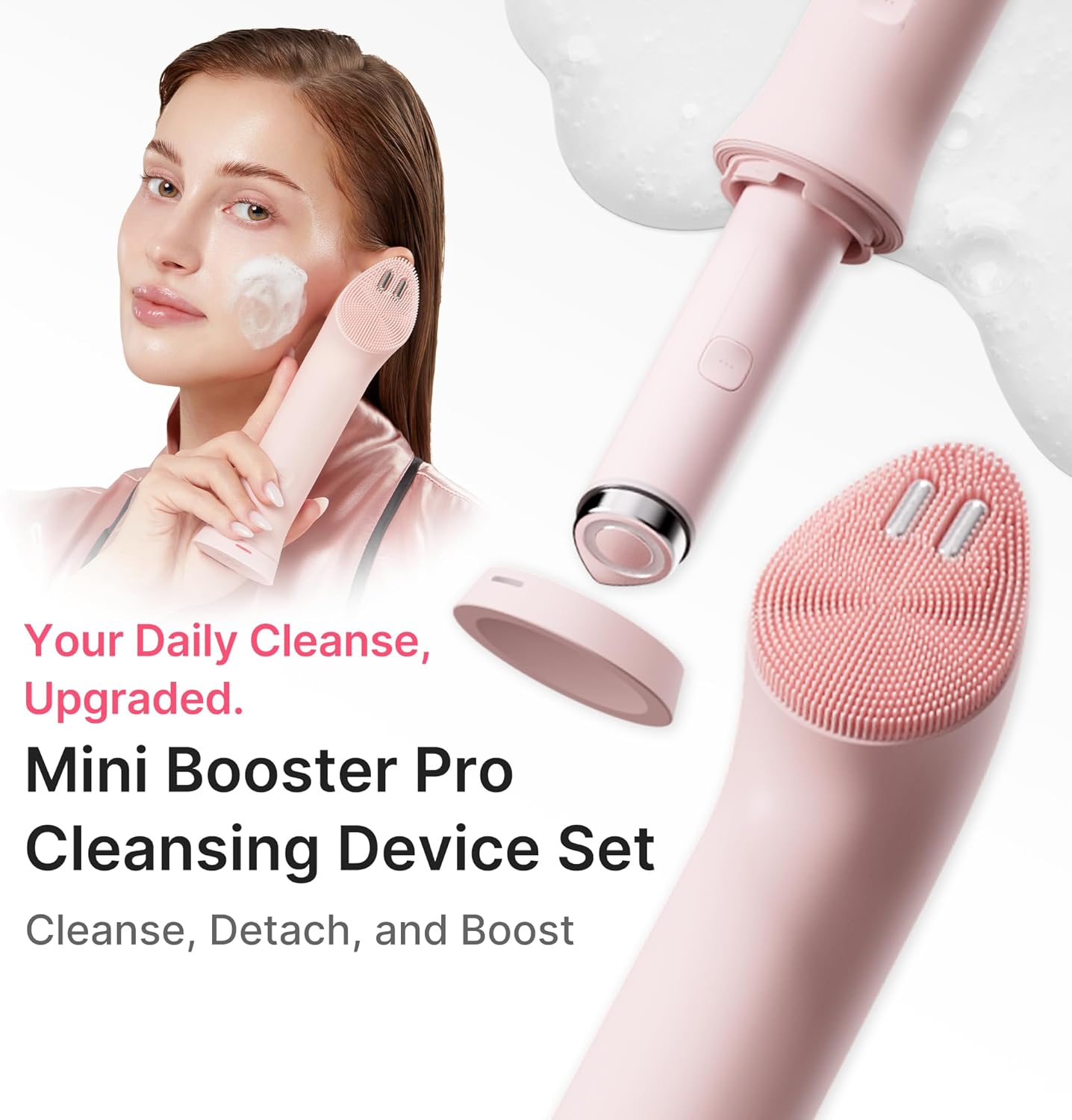 Mini Booster Pro Plus Cleansing Device Set - 2-in-1 Facial Cleansing, Skincare Device - Pore, Makeup, Excess Sebum Care - Portable Skincare Booster with 3 Modes - Korean Facial Device, Pink Cleansing Device Set Pink