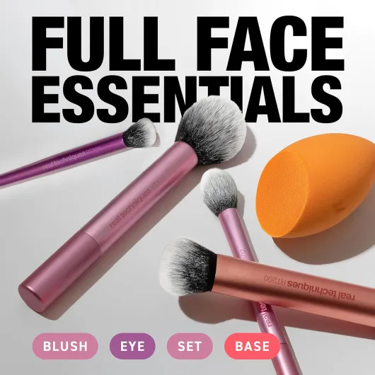Everyday Essentials + Makeup Sponge Kit, 4 Makeup Brushes and 2 Makeup Blender Sponges,Blush, Bronzer, Eyeshadow, and Powder, Synthetic Bristles, Cruelty-Free, 6 Piece Set 6 Count (Pack of 1)