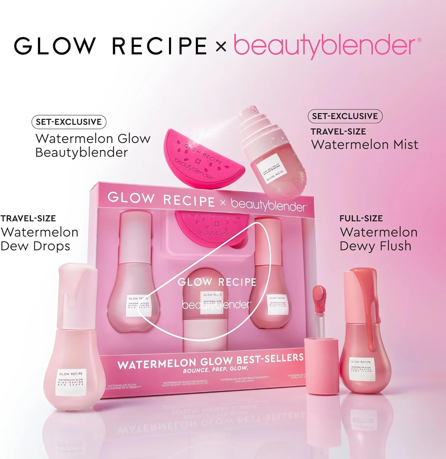 X Beautyblender: Watermelon Glow Skincare and Makeup Prep Set - Niacinamide Dew Drops, Dewy Flush Liquid Blush, Ultra-Fine Hydrating Face Mist and Exclusive Beautyblender Makeup Sponge