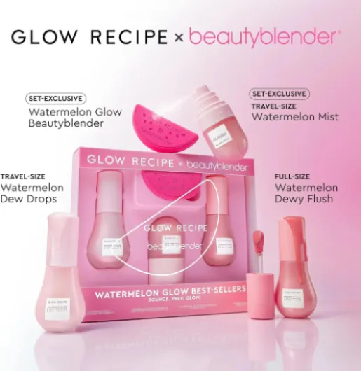 X Beautyblender: Watermelon Glow Skincare and Makeup Prep Set - Niacinamide Dew Drops, Dewy Flush Liquid Blush, Ultra-Fine Hydrating Face Mist and Exclusive Beautyblender Makeup Sponge