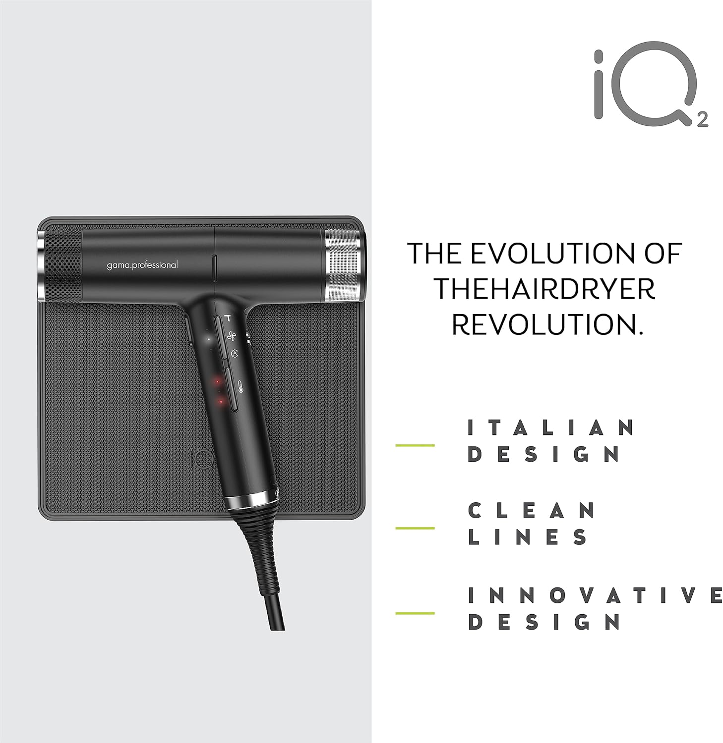 GA.MA Italy Professional, Professional Hairdryer, Perfect IQ2 Hairdryer, Equipped with Sophisticated Technologies for Hair Well-Being and Shine, Design Made in Italy, 2000 W Power, Black