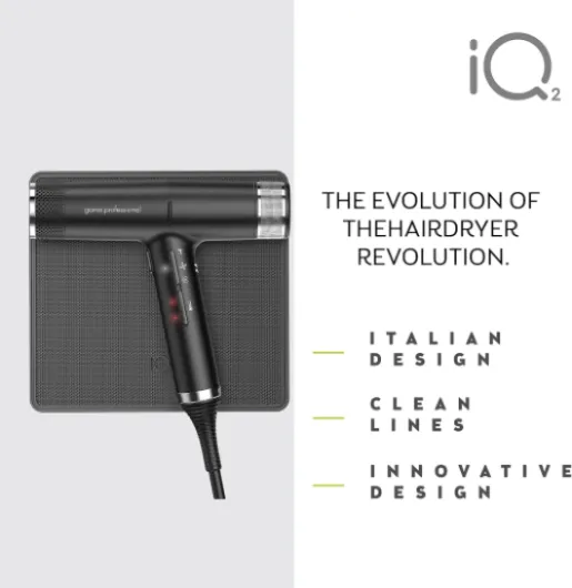 GA.MA Italy Professional, Professional Hairdryer, Perfect IQ2 Hairdryer, Equipped with Sophisticated Technologies for Hair Well-Being and Shine, Design Made in Italy, 2000 W Power, Black